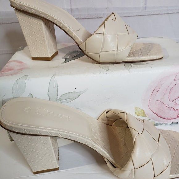 NEW Rilista Neutral Cream Braided Square Toe Heeled Sandals womens 8 Block Heel - Picture 6 of 8